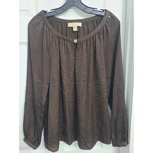 Michael Kors women's chocolate brown long-sleeve blouse with a gold-tone button